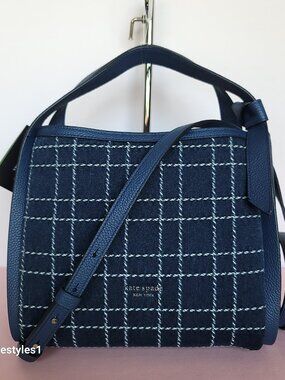 KATE SPADE Knott MEDIUM Denim Check & Leather Crossbody Tote- Indigo Multi⭐